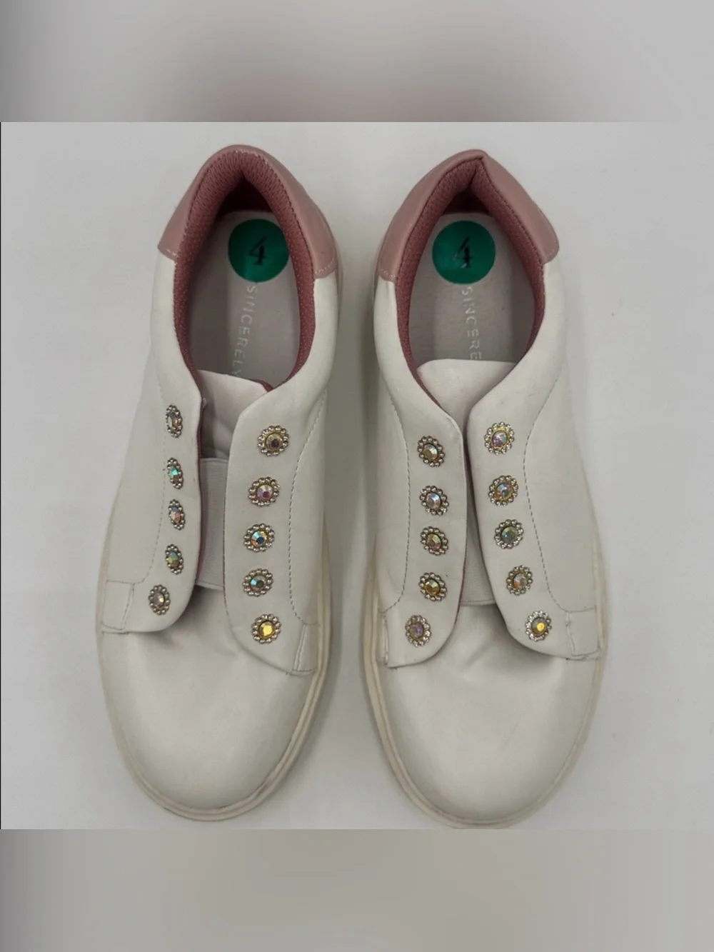 Sincerly Jules White Slip-On Sneakers with Dusty Rose Accents and Crystal Studs
